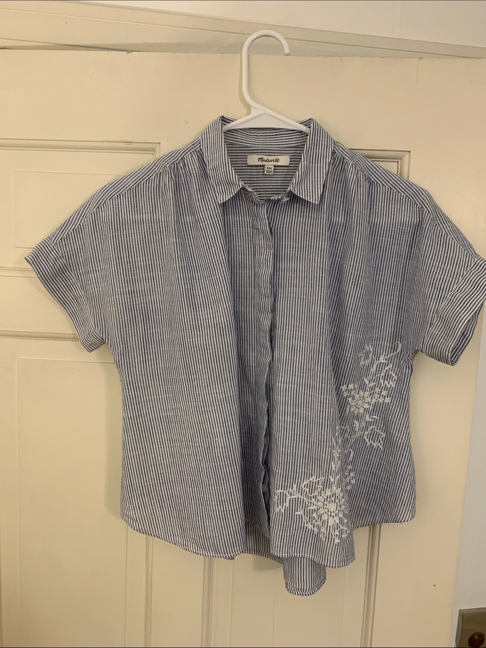 Madewell Blue and White Striped Button-Up Shirt with Floral Embroidery